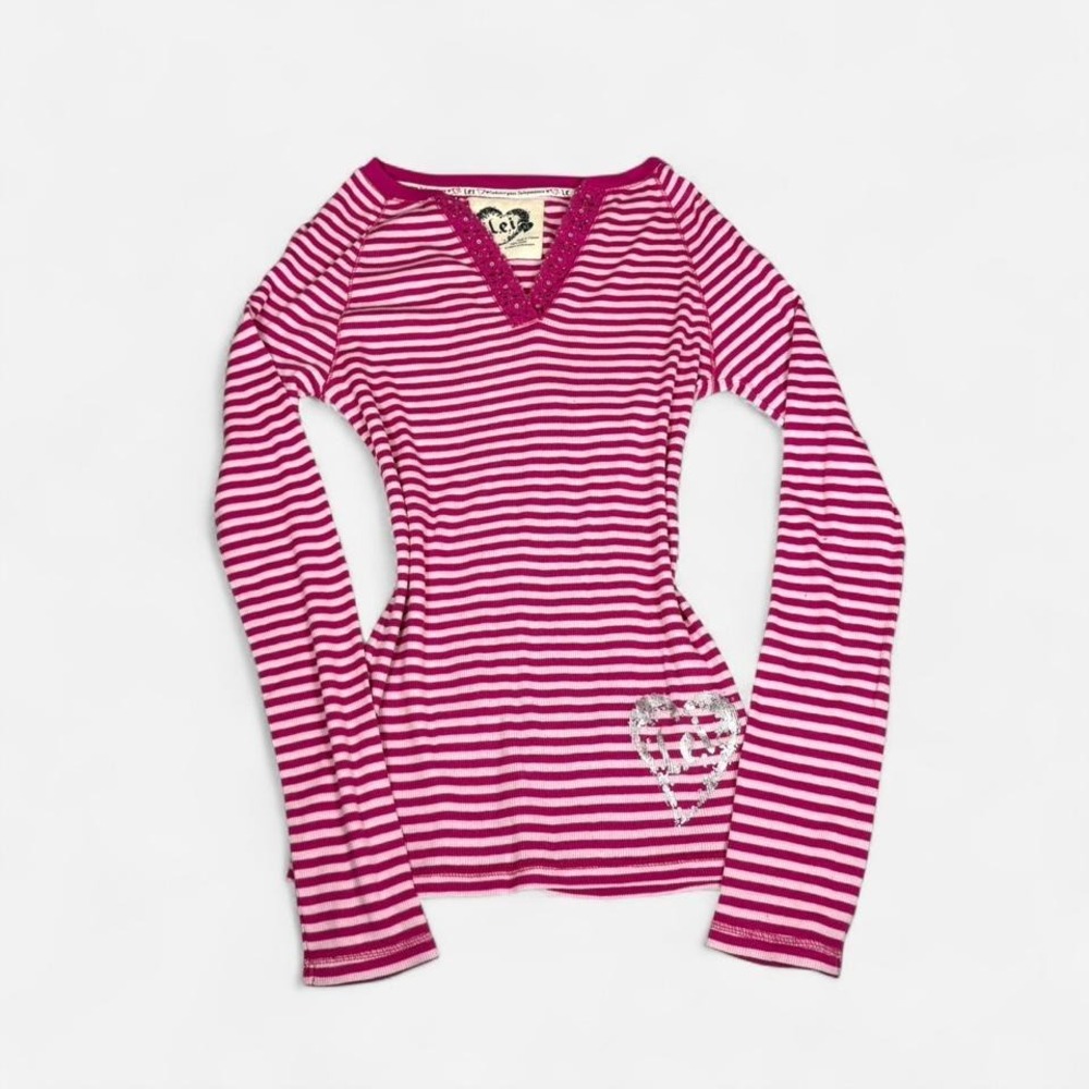 Vintage y2k l.e.i. pink & white striped sequin detail long sleeve henley top